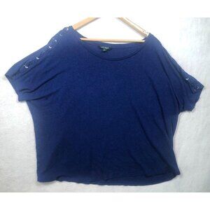 Lauren Ralph Lauren Linen Blend Top Shirt Royal Blue Tie Short Sleeves Womens 3X